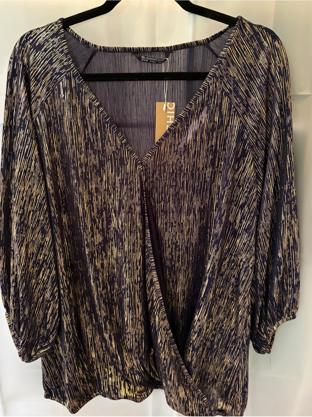 BloomChic Navy and Gold Metallic V-Neck Draped Blouse